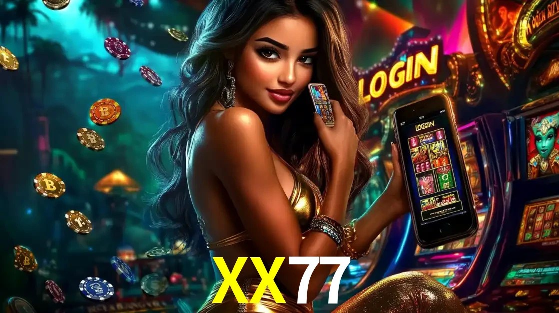 Mulher em um cenário de cassino temático de aventura, mostrando o app de caça-níqueis da XX77 no celular. Fichas de apostas flutuam ao redor.
