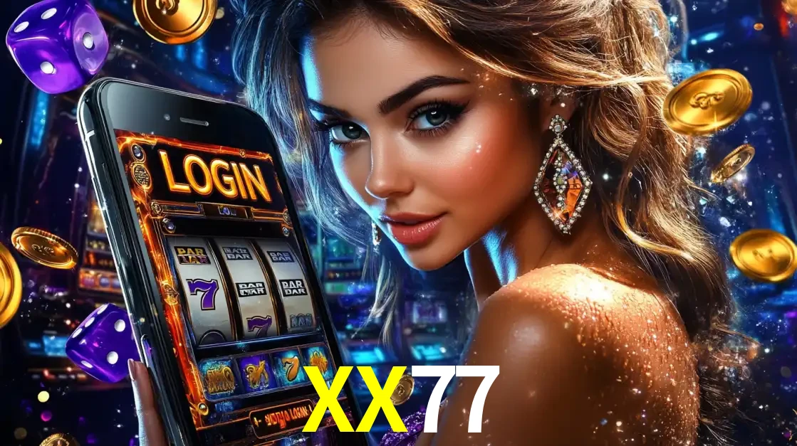 Mulher glamorosa segurando um smartphone com a tela de login para os jogos de caça-níqueis do cassino online XX77, com moedas de ouro e dados ao redor.
