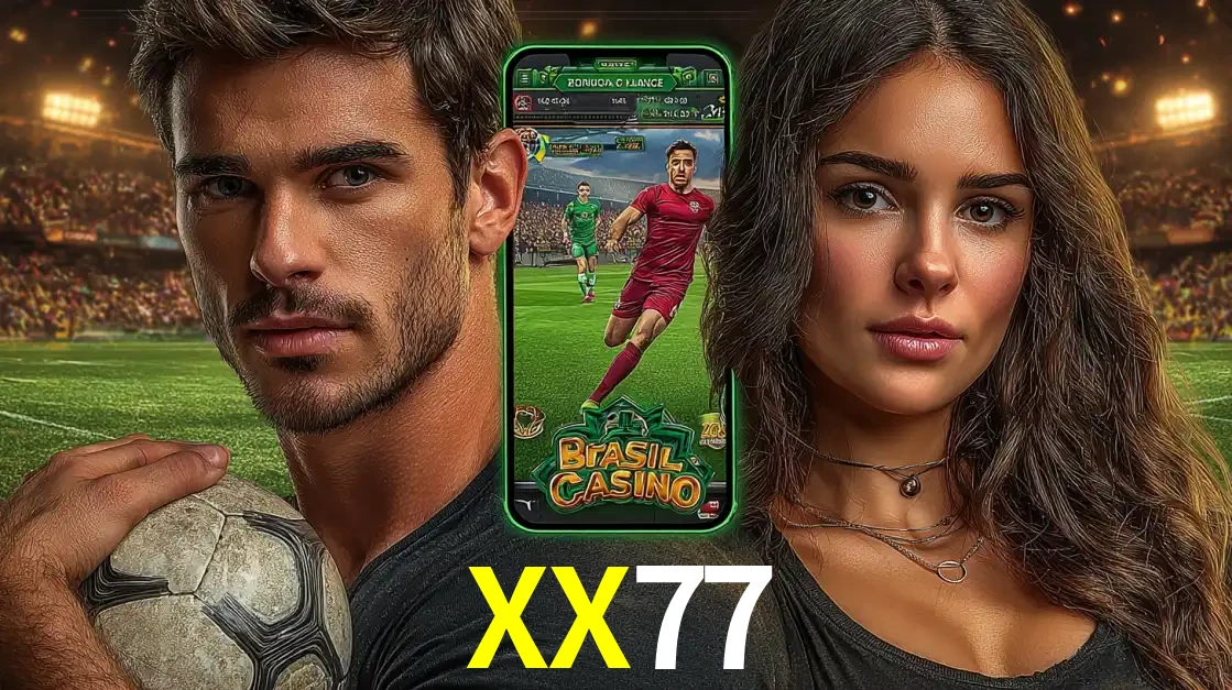 Homem segurando uma bola de futebol e uma mulher ao lado de um smartphone exibindo o jogo de apostas esportivas da XX77. Faça seu palpite no cassino online.